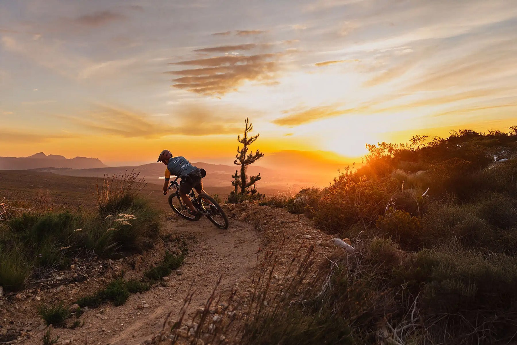 Een mountainbiker op een Zuid-Afrikaanse trail bij zonsondergang